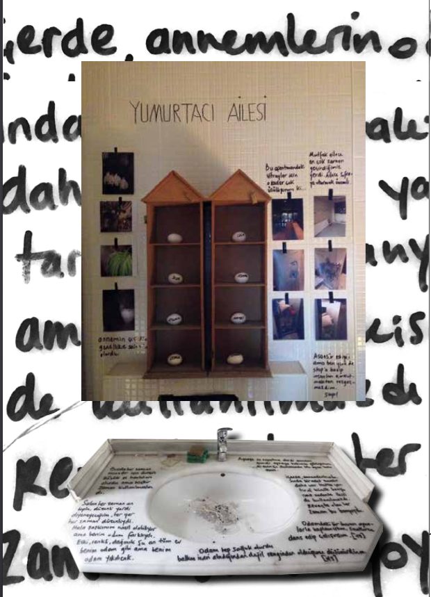 Wall of handwriting around a framed family photo board and a sink